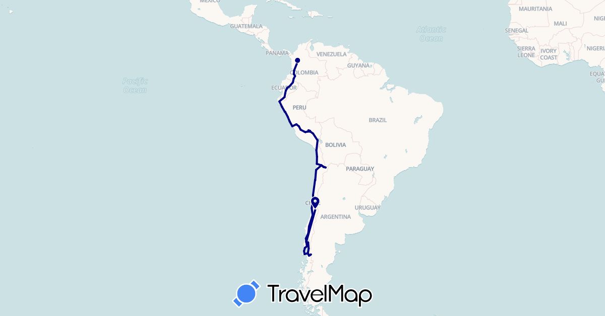 TravelMap itinerary: driving in Chile, Colombia, Ecuador, Peru (South America)